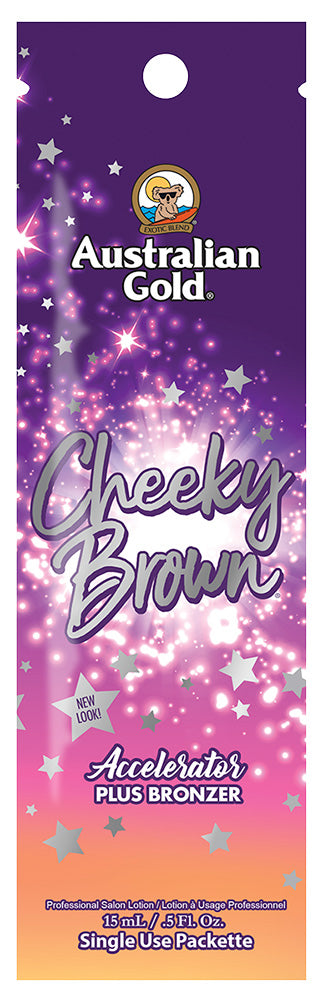 Australian Gold Cheeky Brown Accelerator Plus Bronzer single use packet on a purple and pink gradient background