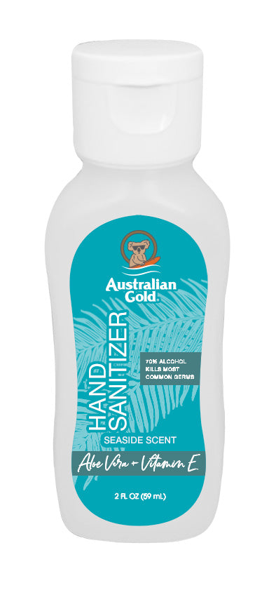 Australian Gold hand sanitizer bottle with blue label on a white background