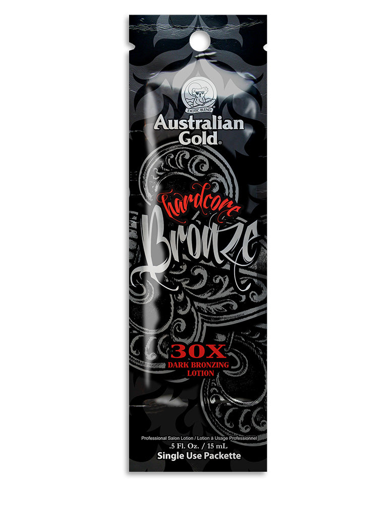 Australian Gold HardcoreBronze 30X Dark Bronzer lotion packaging on a white background