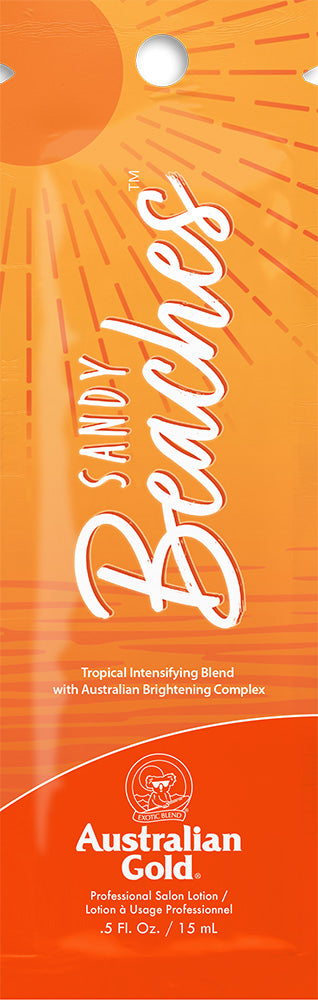 Australian Gold Sandy Beaches sunscreen lotion packaging on an orange background