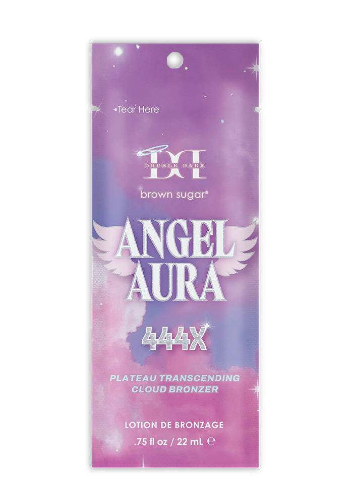 Package of Angel Aura 444X bronzer with a purple and pink gradient.