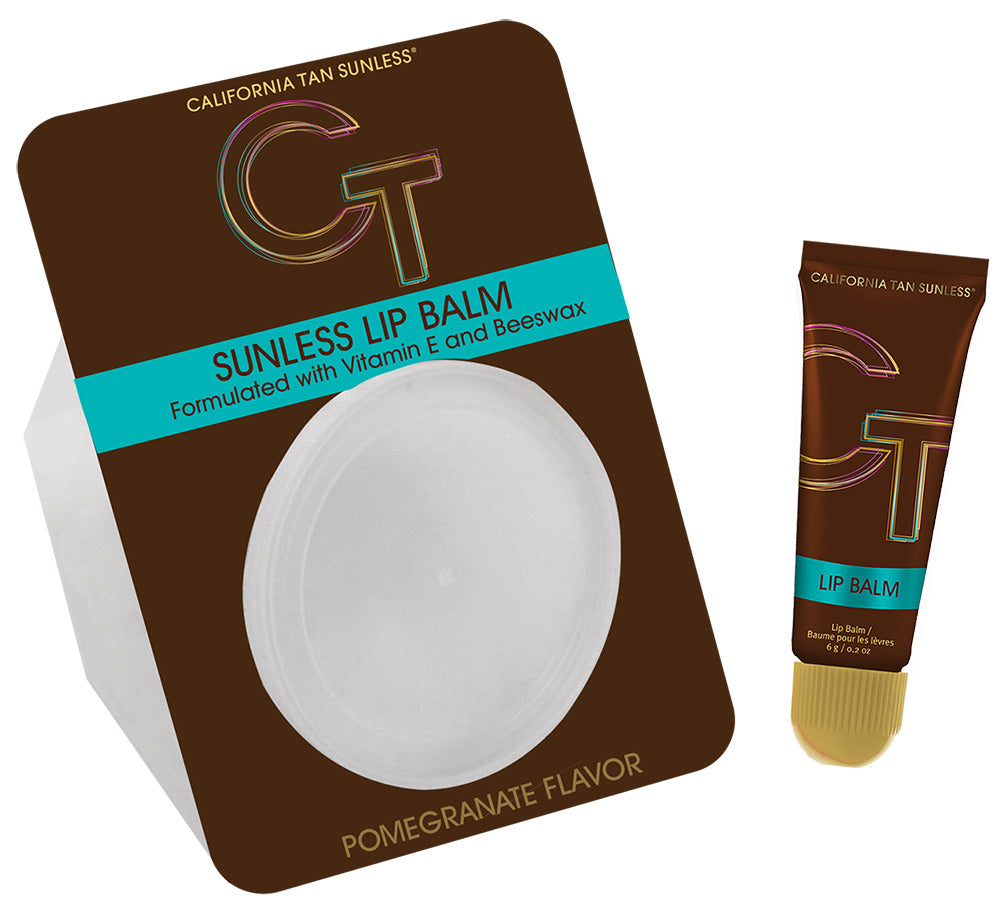 Sunless lip balm packaging with a tube on a white background