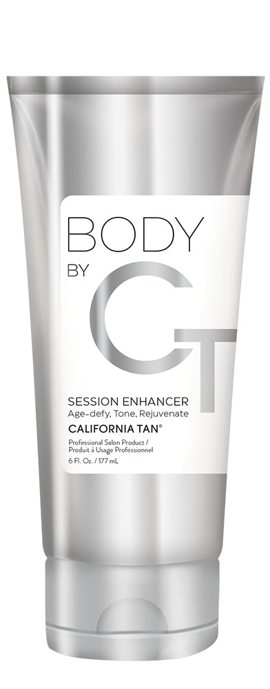 Silver tube of 'Body by G' Session Enhancer by California Tan on a white background