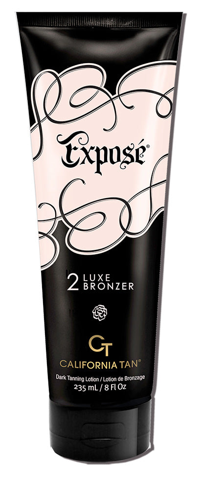 A squeeze tube of CT California Tan Expose 2 Luxe Bronzer dark tanming lotion, featuring a black and pale pink design with elegant white swirls.