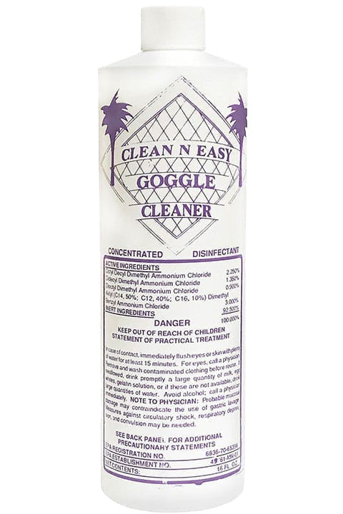 Bottle of Clean N Easy Goggle Cleaner with a white label on a white background