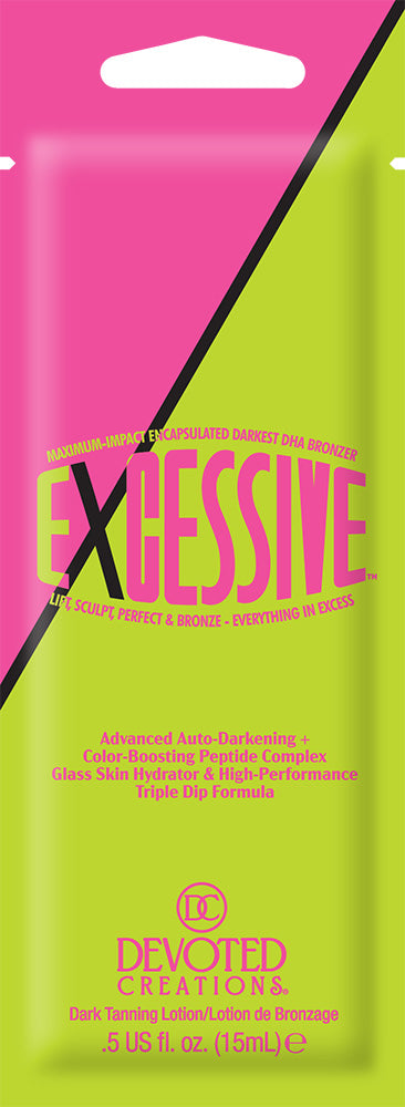 A single use packet of Denoted Creations 'Excessive' dark tanning lotion. The packet is bright lime green and hot pink, featuring large pink text on the front.