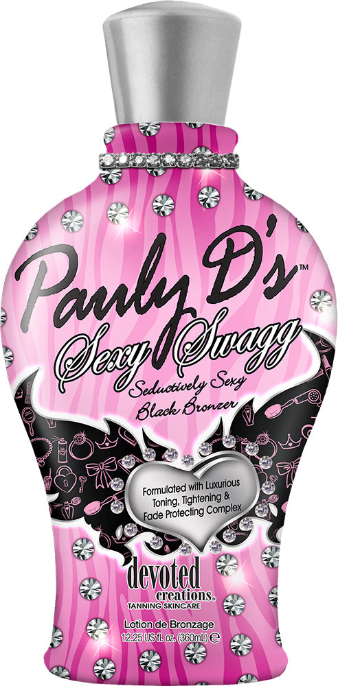 Pink bottle of 'Pamly D's Sexy Swag' bronzer with decorative elements on a white background