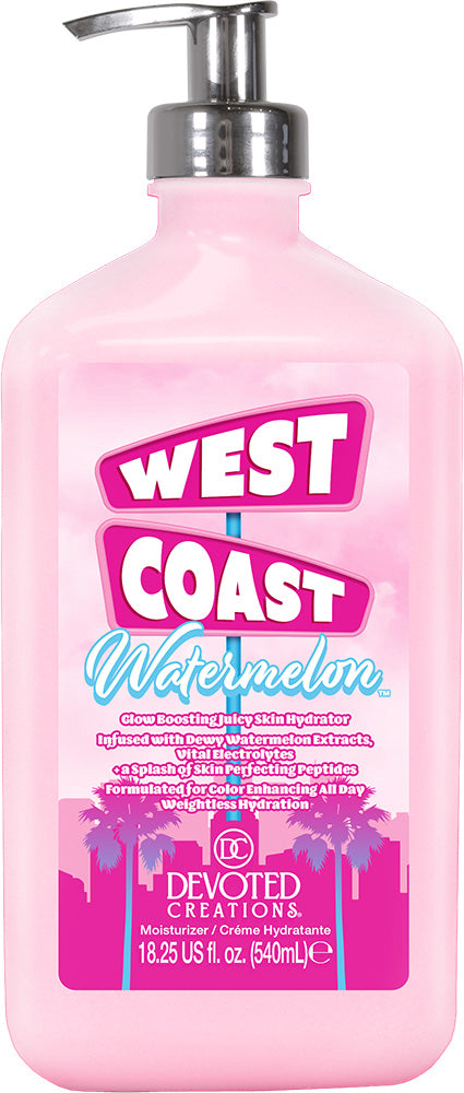 Pink bottle of West Coast Watermelon lotion with pump, featuring Devoted Creations branding.