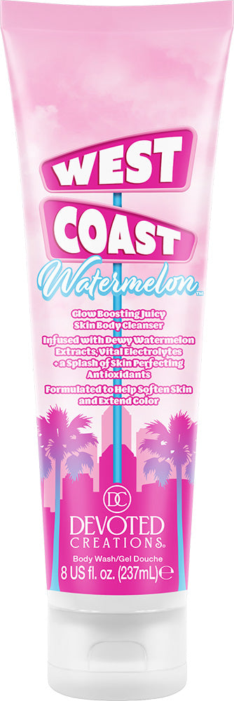 West Coast Watermelon body wash gel tube by Devoted Creations with pink and white design.
