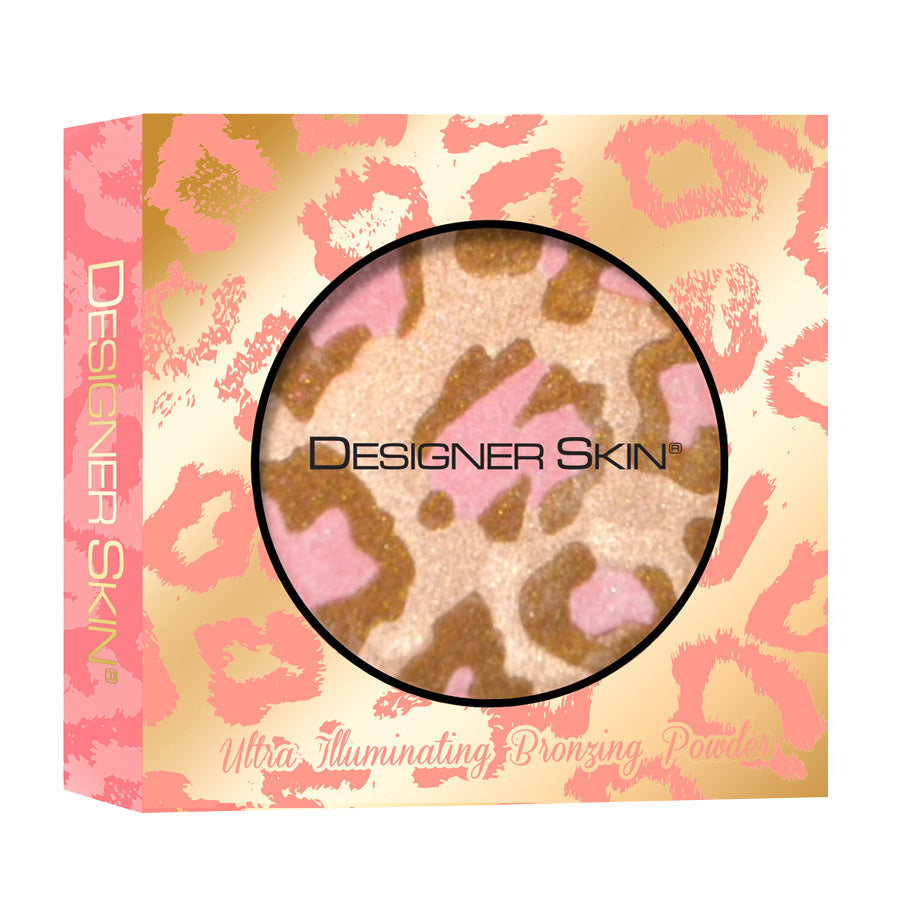 Designer Skin ultra illuminating bronzing powder packaging with pink and gold leopard print design.
