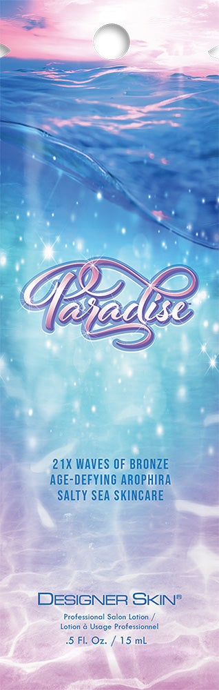 Product packaging with 'Paradise' branding and ocean wave design.
