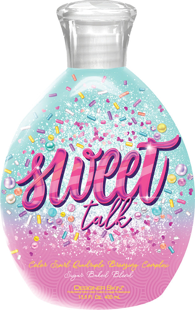 Bottle of 'Sweet Talk' bronzer with colorful design on a white background
