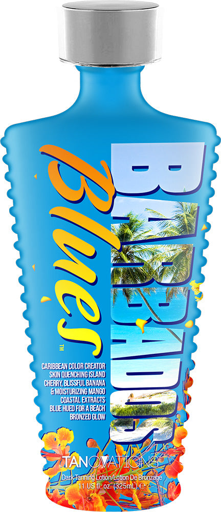 A bottle of Ed Hardy Barbados Blues tanning lotion with a blue label featuring tropical design