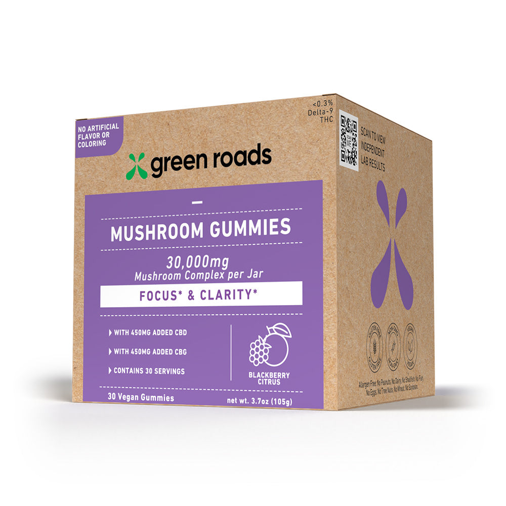 30 count green roads mushroom gummies on a white background