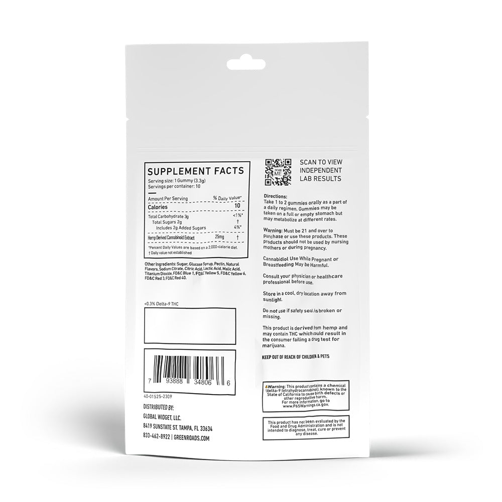 10 count pack of Green roads relax berries on a white background