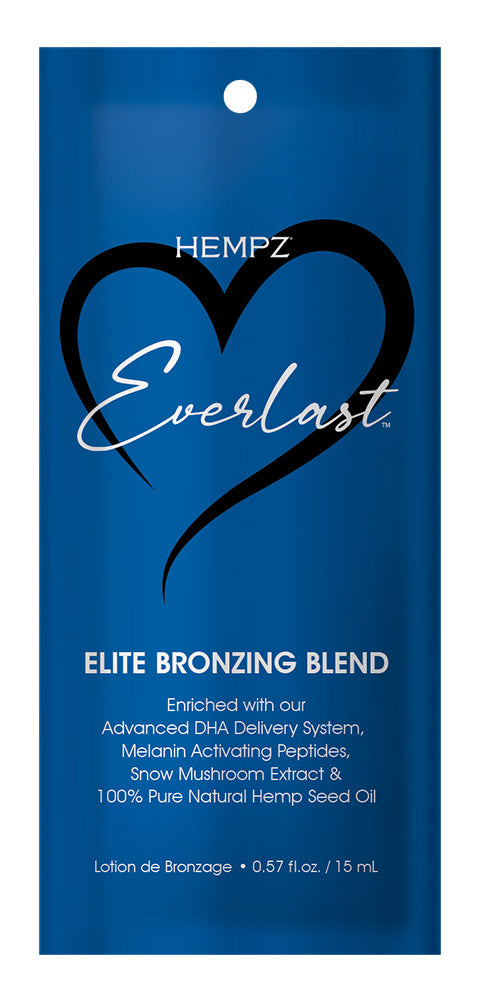 A packet of Hempz Everlast tanning lotion featuring a blue background with a black and heart and white text