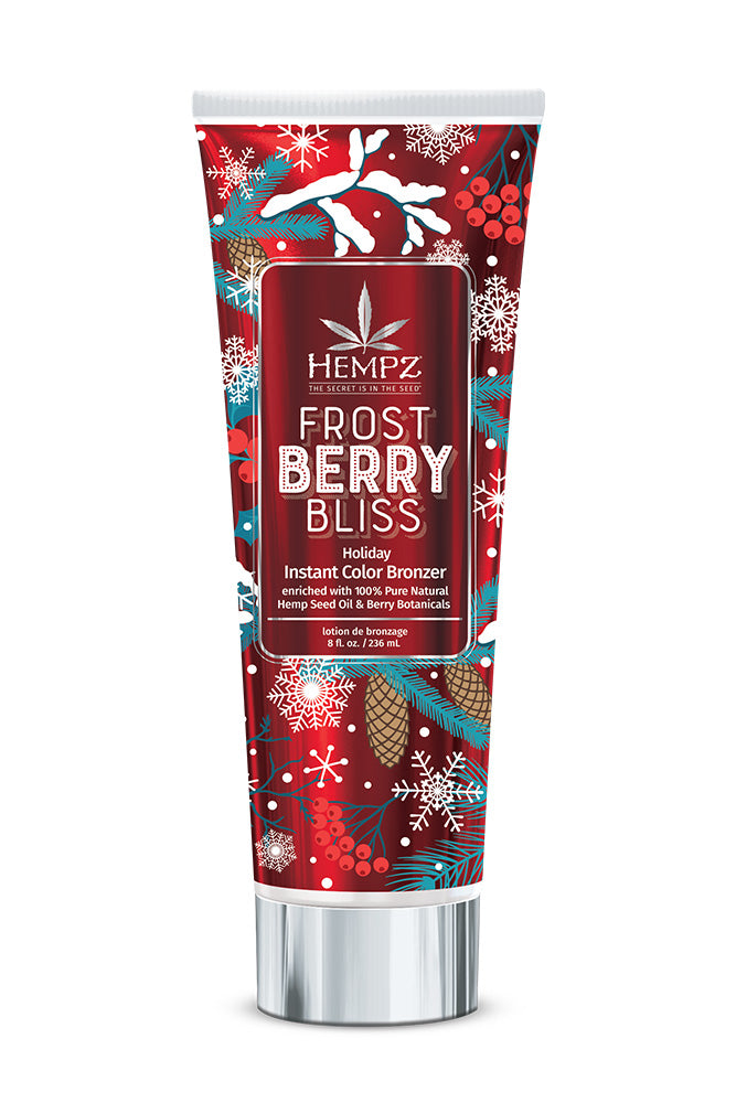 Tube of Hempz Frost Berry Bliss Instant Color Bronzer with festive design on a white background