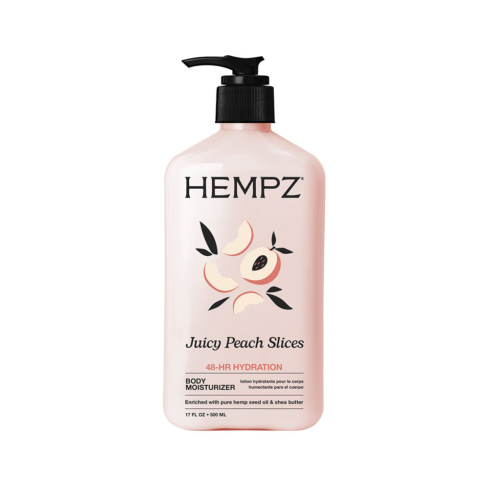 Hempz Juicy Peach Slices body moisturizer bottle on a white background