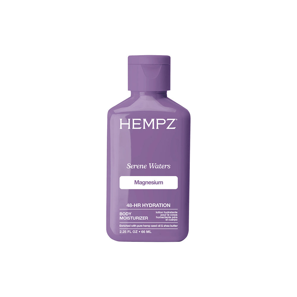 Purple bottle of Hempz Serene Waters body moisturizer on a white background