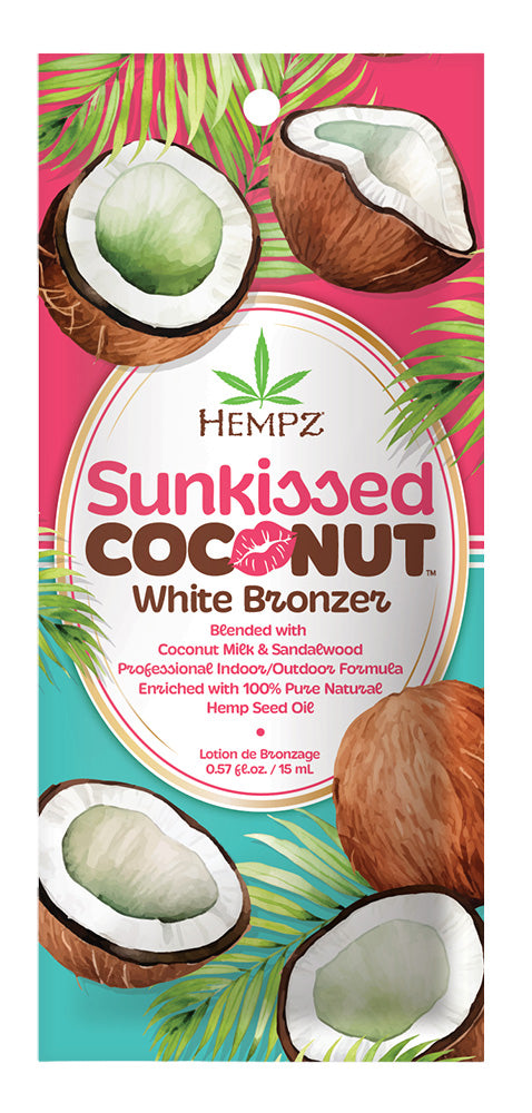 Hempz Sunkissed Coconut White Bronzer packaging with coconuts and palm leaves on a colorful background