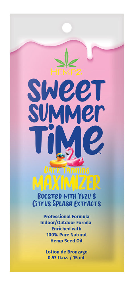 Sweet Summer Time tanning maximizer packaging with pink, blue, and yellow design.
