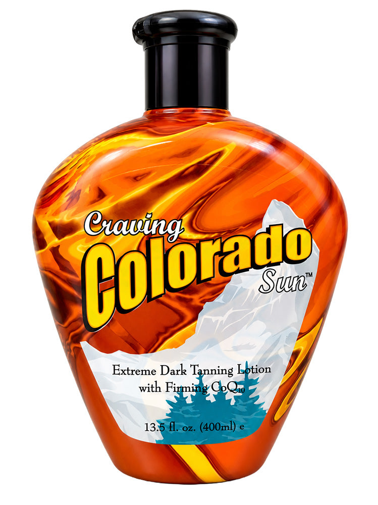 Bottle of Craving Colorado Sun tanning lotion on a white background