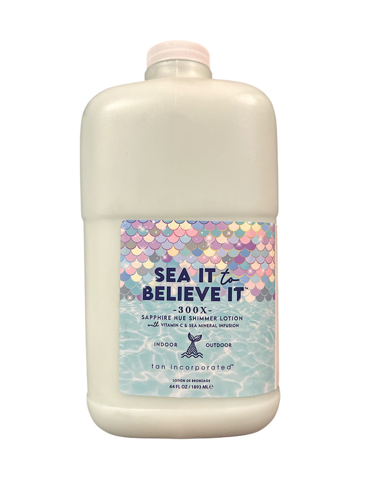Bottle of 'Sea It to Believe It' shimmer lotion with a colorful label on a white background