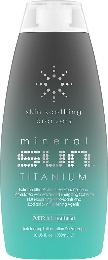 Bottle of mineral sun bronzer with 'skin soothing bronzers' text on a teal background