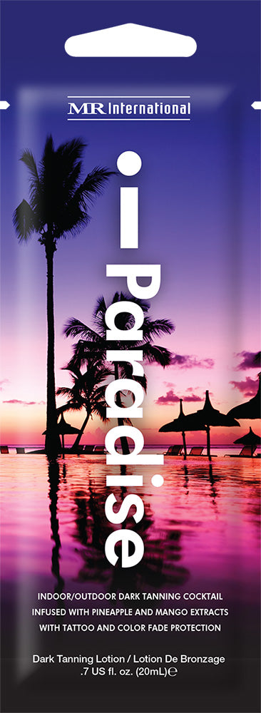 MR International i-Paradise tanning lotion packaging with palm trees and sunset.