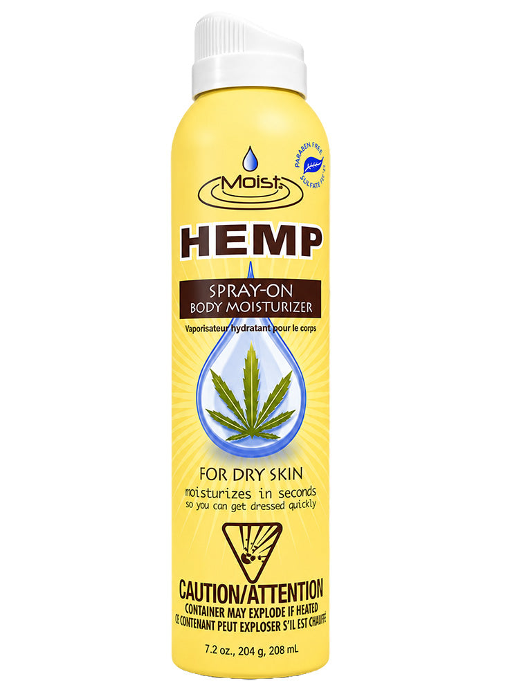 Yellow bottle of Hemp spray-on body moisturizer on a white background