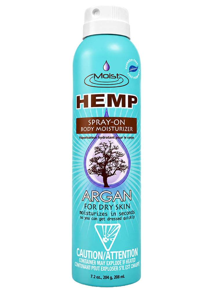 Blue spray bottle of Hemp Argan spray-on body moisturizer on a white background