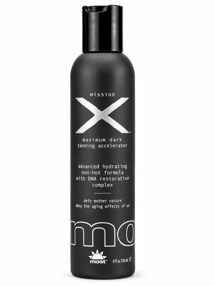 Black tanning accelerator bottle with 'mission X' branding on a white background