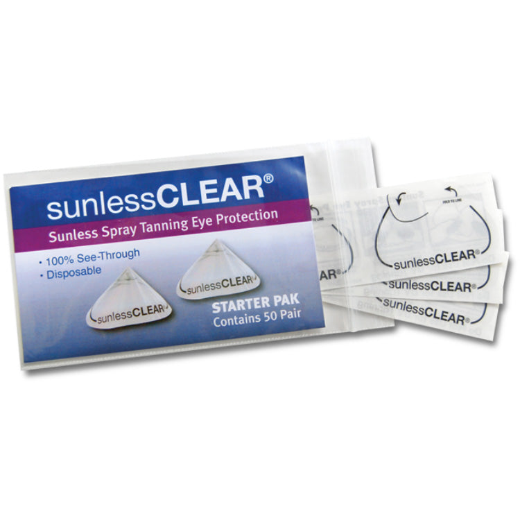 sunlessCLEAR sunless spray tanning eye protection starter pack on a white background