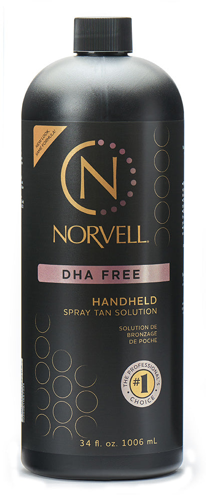 Norvell DHA Free handheld spray tan solution bottle on a white background