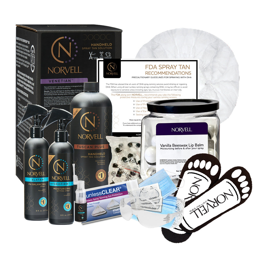 Collection of Norvell skincare and spray tan products on a white background