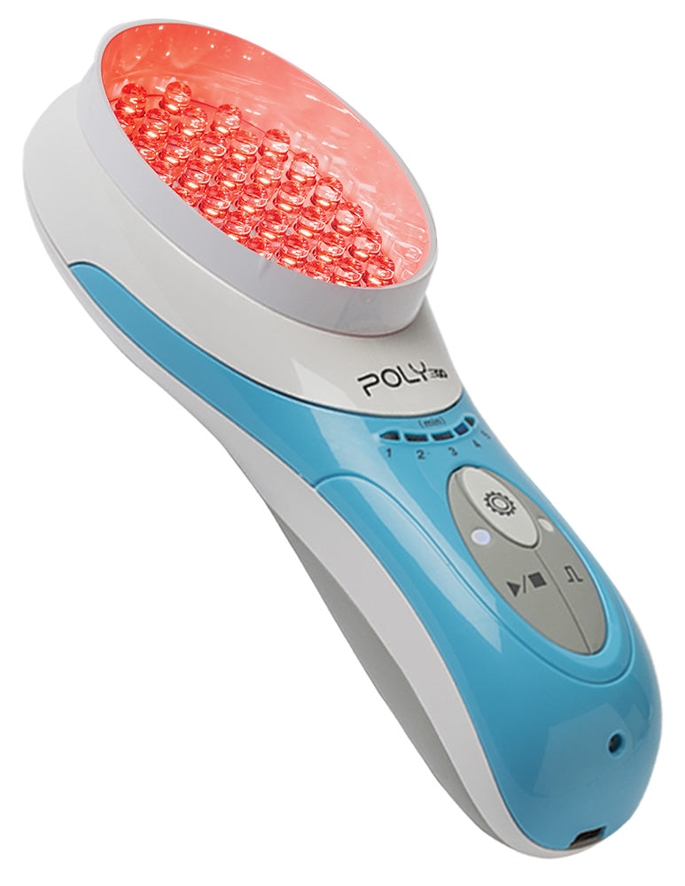 Blue and white device with red light on a white background