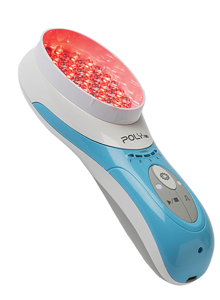 Blue and white device with a red light on a white background