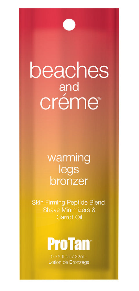 A packet of ProTan Beaches and Crème Warming Legs Bronzer with a red-to-yellow gradient on a white background.