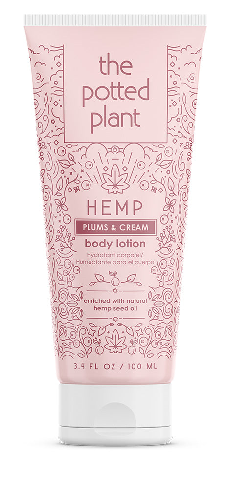 Body lotion tube labeled 'the potted plant' with pink packaging on a white background