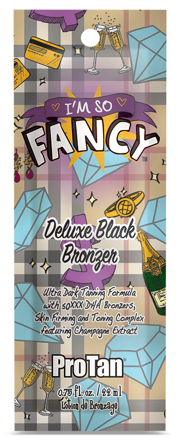Pro Tan Deluxe Black Bronzer packaging with decorative elements on a plaid background