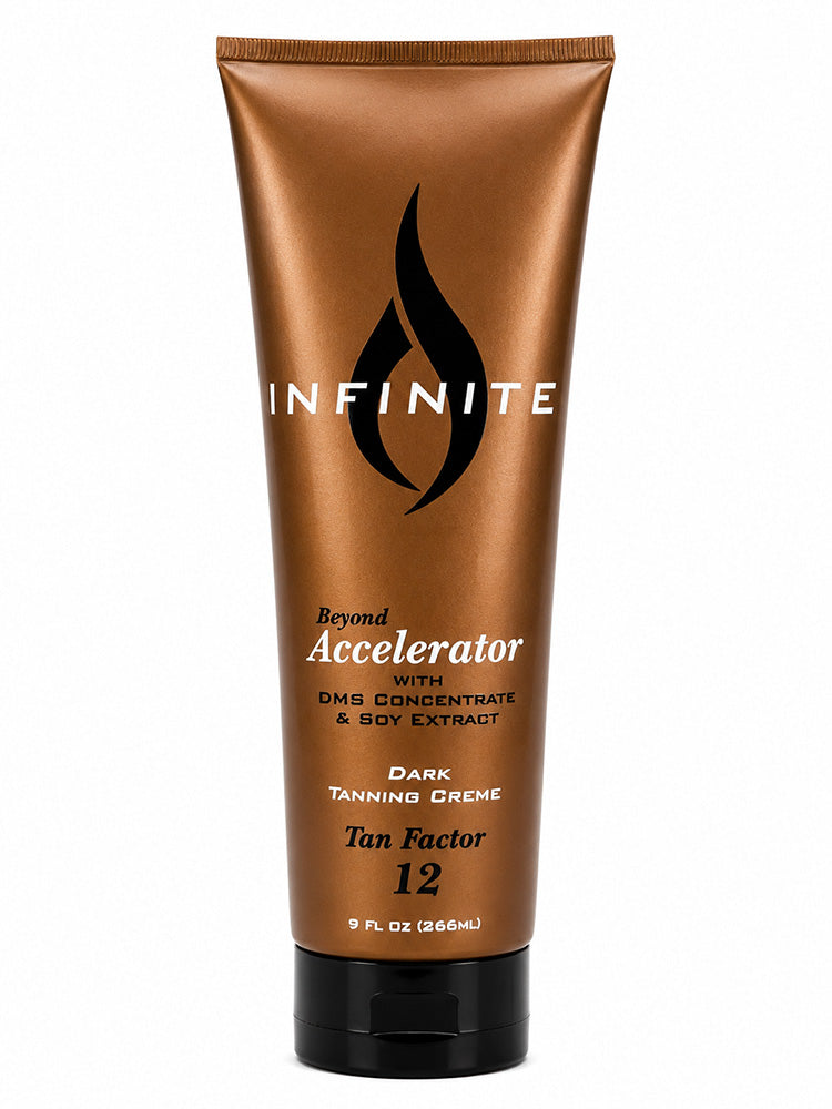 Brown tube of 'Infinite' tanning creme with black text on a white background
