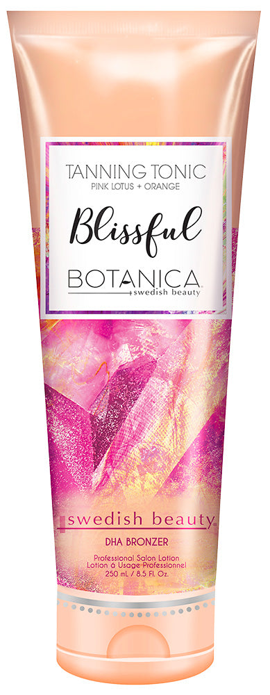 Tube of Blissful Botanica Swedish Beauty tanning lotion with colorful label