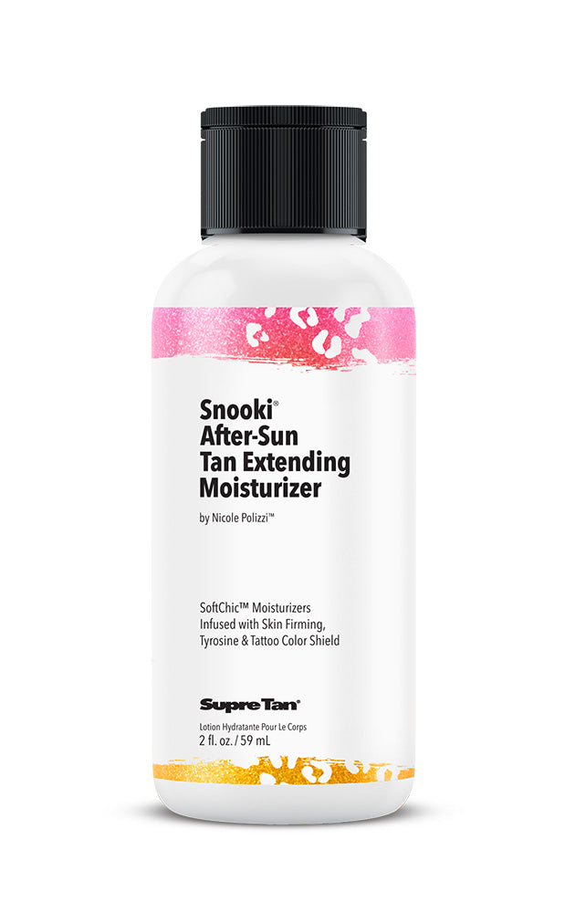 A bottle of Supre Tan Snooki After Sun Tan Extending Moisturizer featuring a white bottle with colorful animal print