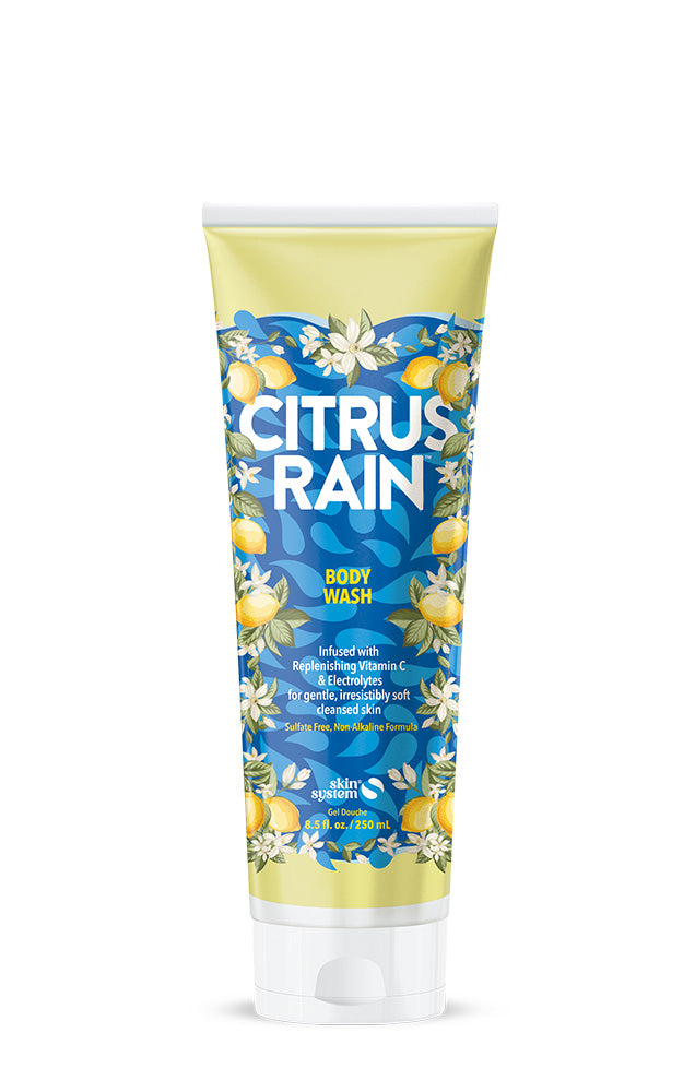 A squeeze tube of Skin on Point Citrus Rain Body Wash, featuring a yellow and blue label with citrus and floral illustrations, set against a plain white background.