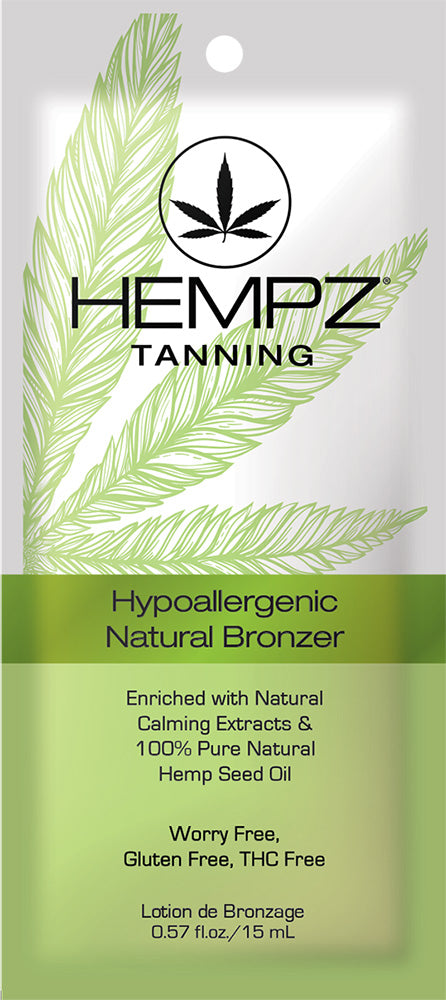 SU hypoallergenic natural bronzer featuring a white and green background with a green hemp leaf