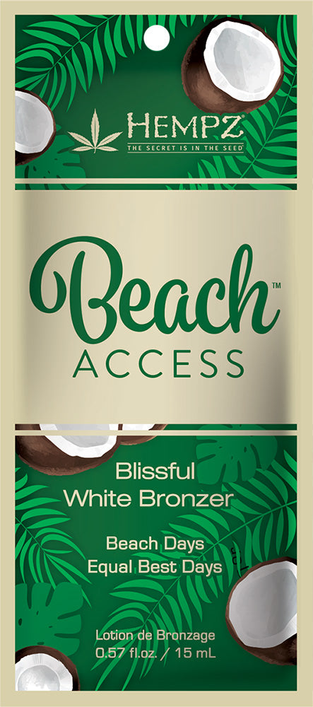 Hempz Beach Access Blissful White Bronzer packaging with coconut graphics and green leaf design.