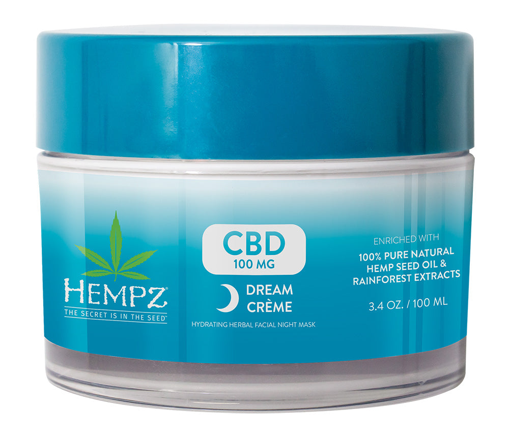 Jar of Hempz CBD Dream Crème with blue lid and label on a white background
