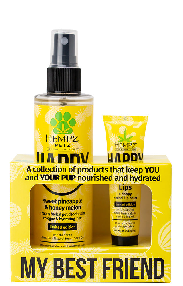 Hempz Petz pet care product set with bottles and a spray pump on a white background