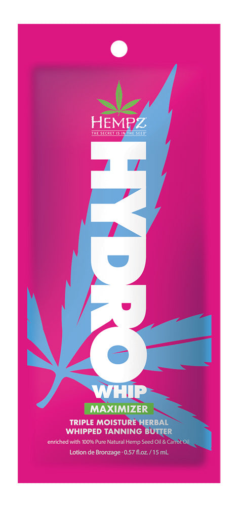 Hempz Hydro Whip whipped tanning butter packaging with pink and blue design