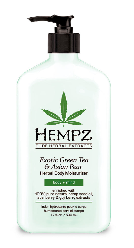 Hempz Herbal Moisturizer bottle with green leaf logo on a white background